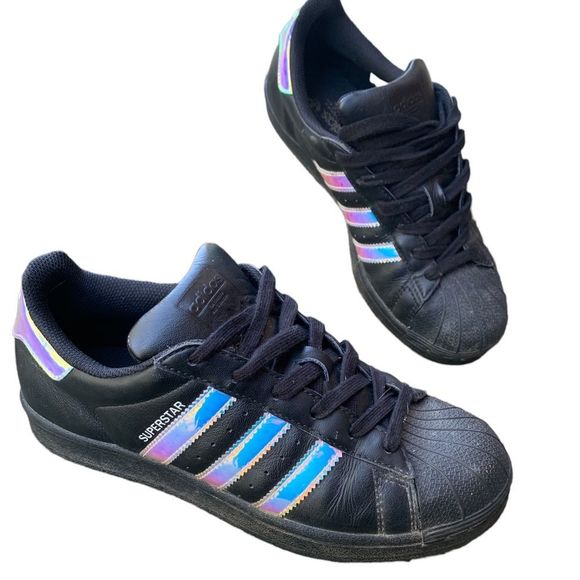 adidas Shoes - Adidas women’s 5.5 Superstar shoes.  Rare black/iridescent. ART BY9084. EUC